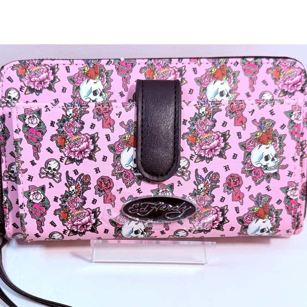 Ed Hardy Tattoo Print Skull Rose Pink Zip Around Wristlet Wallet NWT